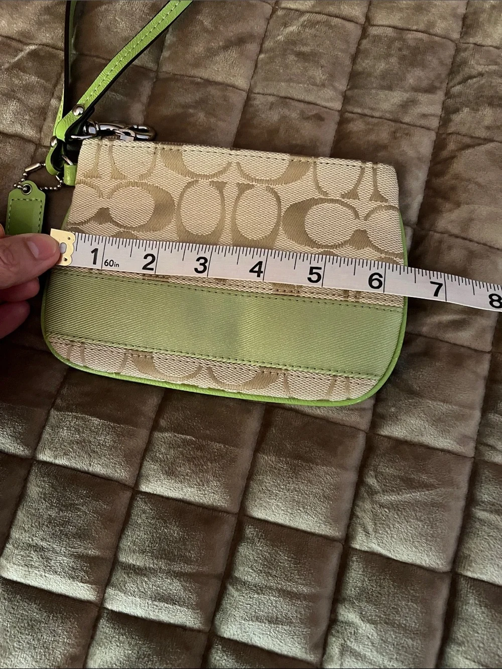 Coach Khaki Jacquard Wristlet with Lime Trim